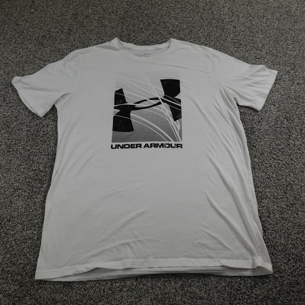 Under Armour Shirt Mens XL White Loose HeatGear Graphic Logo Athletic Gym Tee